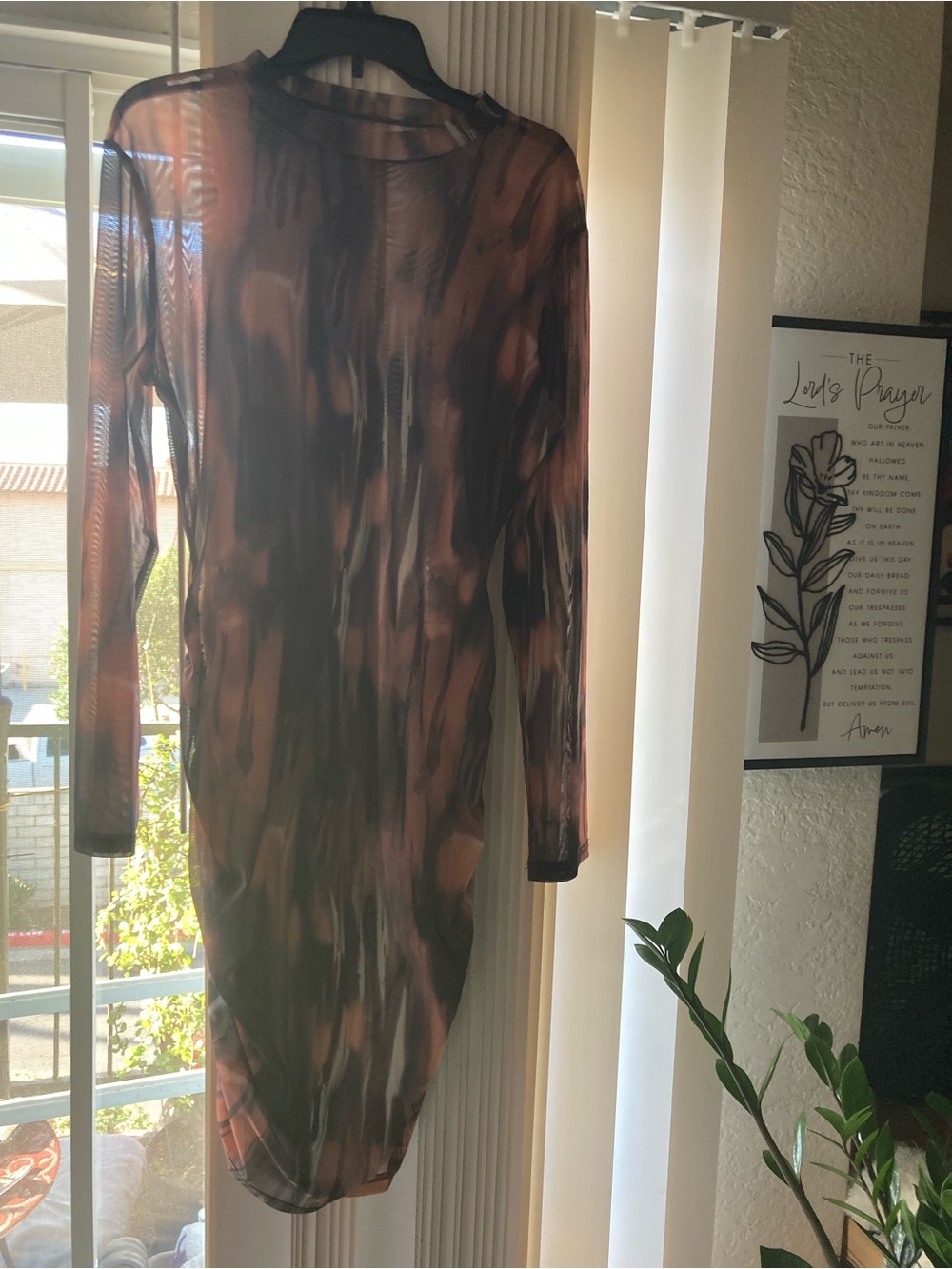 Long-Sleeve Sheer Bodycon Dress in Brown Tie-Dye